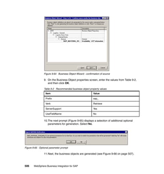 506 WebSphere Business Integration for SAP
Figure 9-64 Business Object Wizard - confirmation of source
9. On the Business Object properties screen, enter the values from Table 9-2,
and then click OK.
Table 9-2 Recommended business object property values
10.The next prompt (Figure 9-65) displays a selection of additional optional
parameters for generation. Select No.
Figure 9-65 Optional parameter prompt
11.Next, the business objects are generated (see Figure 9-66 on page 507).
Item Value
Prefix sap_
Verb Retrieve
ServerSupport Yes
UseFieldName No
 