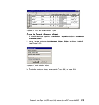 Chapter 9. Use Case 3: WICS using WBI Adapter for mySAP.com and JDBC 515
Figure 9-79 db2_WMDVSX Business Object
Create the Generic_Business_Object
1. In System Manager, right-click on Business Objects and select Create New
Business Object....
2. Name the new business object Generic_Object_Object, and then click OK
(see Figure 9-80).
Figure 9-80 New business object
3. Create the business object, as shown in Figure 9-81 on page 516.
 