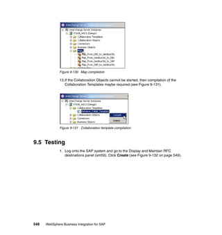 548 WebSphere Business Integration for SAP
Figure 9-130 Map compilation
13.If the Collaboration Objects cannot be started, then compilation of the
Collaboration Templates maybe required (see Figure 9-131).
Figure 9-131 Collaboration template compilation
9.5 Testing
1. Log onto the SAP system and go to the Display and Maintain RFC
destinations panel (sm59). Click Create (see Figure 9-132 on page 549).
 