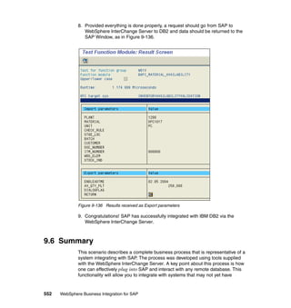 552 WebSphere Business Integration for SAP
8. Provided everything is done properly, a request should go from SAP to
WebSphere InterChange Server to DB2 and data should be returned to the
SAP Window, as in Figure 9-136.
Figure 9-136 Results received as Export parameters
9. Congratulations! SAP has successfully integrated with IBM DB2 via the
WebSphere InterChange Server.
9.6 Summary
This scenario describes a complete business process that is representative of a
system integrating with SAP. The process was developed using tools supplied
with the WebSphere InterChange Server. A key point about this process is how
one can effectively plug into SAP and interact with any remote database. This
functionality will allow you to integrate with systems that may not yet have
 