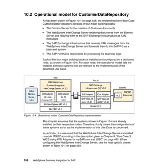 558 WebSphere Business Integration for SAP
10.2 Operational model for CustomerDataRepository
As has been shown in Figure 10-1 on page 556, the implementation of Use Case
CustomerDataRepository consists of four major building blocks:
The Domino Server for the creation of Customer documents
The WebSphere InterChange Server receiving documents from the Domino
Server and relaying them to the SAP Exchange Infrastructure as XML
messages
The SAP Exchange Infrastructure that receives XML messages from the
WebSphere InterChange Server and forwards them to the SAP R/3 as a
back-end system
The SAP R/3 that is responsible for processing the business logic
Each of the four major building blocks is installed and configured on a dedicated
node, as shown in Figure 10-4. For each node, the operational model lists the
installed software systems that are relevant to the implementation of the
described Use Case.
.
Figure 10-4 Operational model: CustomerDataRepository implementation
This chapter assumes that the systems shown in Figure 10-4 are already
installed on their respective nodes. Therefore, it only covers the configurations of
these systems as far as the implementation of this Use Case is concerned.
In particular, it is assumed that the WebSphere InterChange Server is installed
on node ITSOC according to the description given in Chapter 9, “Use Case 3:
WICS using WBI Adapter for mySAP.com and JDBC” on page 465. When
configuring the WebSphere InterChange Server, use the host specific values
shown in Table 10-1 on page 559.
ALEALE
SAP R/3
Enterprise
itsoe
Lotus
Domino
Server,
V6.0
IBMWebSphere
Business Integration
InterChange Server, V4.2.2
WBI Adapter
for XI,
V1.0
WBI Adapter
for Lotus
Domino, V1.1
IBMDB2, V8.1
IBMWebSphere MQ V5.3
SAP Exchange
Infrastructure (XI) V3.0
JMS Adapter IDoc Adapter
SAP Web AS
Java, V6.40
SAP Web AS
ABAP, V6.40
Oracle 9.2.0
itsoc
itso_xi
siccserv
 