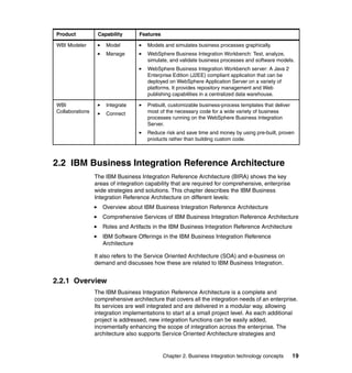 Chapter 2. Business Integration technology concepts 19
2.2 IBM Business Integration Reference Architecture
The IBM Business Integration Reference Architecture (BIRA) shows the key
areas of integration capability that are required for comprehensive, enterprise
wide strategies and solutions. This chapter describes the IBM Business
Integration Reference Architecture on different levels:
Overview about IBM Business Integration Reference Architecture
Comprehensive Services of IBM Business Integration Reference Architecture
Roles and Artifacts in the IBM Business Integration Reference Architecture
IBM Software Offerings in the IBM Business Integration Reference
Architecture
It also refers to the Service Oriented Architecture (SOA) and e-business on
demand and discusses how these are related to IBM Business Integration.
2.2.1 Overview
The IBM Business Integration Reference Architecture is a complete and
comprehensive architecture that covers all the integration needs of an enterprise.
Its services are well integrated and are delivered in a modular way, allowing
integration implementations to start at a small project level. As each additional
project is addressed, new integration functions can be easily added,
incrementally enhancing the scope of integration across the enterprise. The
architecture also supports Service Oriented Architecture strategies and
WBI Modeler Model
Manage
Models and simulates business processes graphically.
WebSphere Business Integration Workbench: Test, analyze,
simulate, and validate business processes and software models.
WebSphere Business Integration Workbench server: A Java 2
Enterprise Edition (J2EE) compliant application that can be
deployed on WebSphere Application Server on a variety of
platforms. It provides repository management and Web
publishing capabilities in a centralized data warehouse.
WBI
Collaborations
Integrate
Connect
Prebuilt, customizable business-process templates that deliver
most of the necessary code for a wide variety of business
processes running on the WebSphere Business Integration
Server.
Reduce risk and save time and money by using pre-built, proven
products rather than building custom code.
Product Capability Features
 