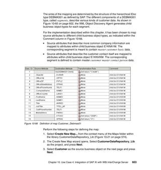 Chapter 10. Use Case 4: Integration of SAP XI with WBI InterChange Server 603
The sinks of the mapping are determined by the structure of the hierarchical IDoc
type DEBMAS01 as defined by SAP. The different components of a DEBMAS01
type, called segments, describe various kinds of customer data. As shown in
Figure 10-65 on page 602, the XML Object Discovery Agent generates child
business object types for each segment.
For the implementation described within this chapter, it has been chosen to map
source attributes to different child business object types, as indicated within the
Comment column in Figure 10-66.
Source attributes that describe more common company information are
mapped to attributes within child business object E1KNA1M. The
corresponding segment is meant to contain master customer basic data.
Source attributes that describe the customer contact itself are mapped to
attributes within child business object E1KNVKM. The corresponding
segment is defined to contain master customer master contact person data.
Figure 10-66 Definition of map Customer_Debmas01
Perform the following steps for defining the map:
1. Select Create New Map... from the context menu of the Maps folder within
the library CustomerDataRepository_Lib (Figure 10-21 on page 574).
2. The Create New Map wizard opens. Select CustomerDataRepository_Lib
as the project, and press Next.
3. Select Customer as the source business object on the next page and press
Next.
 