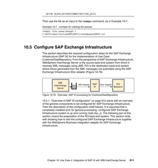 Chapter 10. Use Case 4: Integration of SAP XI with WBI InterChange Server 611
DEFINE QLOCAL(AP/SAPXICONNECTOR/ITSOC_WICS)
Then use the file as an input to the runmqsc command, as in Example 10-7.
Example 10-7 runmqsc for creating the queues
runmqsc itsoc.queue.manager <
C:WICSrepositorysak400SAPXIcreateQueues4SAPXI.tst
10.5 Configure SAP Exchange Infrastructure
This section describes the required configuration steps for the SAP Exchange
Infrastructure (SAP XI) for the implementation of Use Case
CustomerDataRepository. From the perspective of SAP Exchange Infrastructure,
WebSphere Interchange Server is the source back-end system from which it
receives XML messages using JMS. R/3 is the destination back-end system
where IDocs generated from the XML messages are submitted using the SAP
Exchange Infrastructure IDoc adapter (Figure 10-76).
Figure 10-76 Overview: SAP XI processing for CustomerDataRepository
10.5.1, “Overview of SAP XI configuration” on page 612 starts with an overview
of the general components to be configured for SAP Exchange Infrastructure.
Then the description of the configuration itself follows. It is assumed that a
completely installed and, for general processing, configured SAP Exchange
Infrastructure system is up and running node itso_xi. The following part of this
section covers the preparation of the R/3 back-end system. This section ends
with showing how to test the configured SAP Exchange Infrastructure together
with the WebSphere Business Integration adapter for SAP Exchange
Infrastructure.
WBI
InterChange
Server
WBI
InterChange
Server
SAP
XI
SAP
XI
R/3
Backend
R/3
Backend
JMS Adapter IDoc Adapter
 