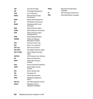 662 WebSphere Business Integration for SAP
JSP Java Server Pages
KM Knowledge Management
LOB Line of Business
MDAC Microsoft Data Access
Components
MDM Master Data Management
MI SAP Mobile Infrastructure
MQSC WebSphere MQ: Script
Command
ODA Object Discovery Agent
ODBC Open Database Connectivity
ODK Object Discovery Agent
Development Kit
ORB Object Request Brokers
RDBMS Relational Database
Management System
RFC Remote Function Call
ROI Return On Investment
SAP JCo SAP Java Connector
SAP ODA SAP Object Discovery Agent
SAP XI ODA SAP XI Object Discovery
Agent
SAPGUI SAP Graphical User Interface
SD Sales and Distribution
SMTP Simple Mail Transport
Protocol
SOA Service Oriented Architecture
SOAP Simple Object Access
Protocol
SSL Secure Socket Layer
TID Transaction ID
VTC Visual Test Connector
WAS WebSphere Application
Server
Web AS SAP Web Application Server
WSAD WebSphere Studio
Application Developer
WSDL Web Services Description
Language
XI SAP Exchange Infrastructure
XML eXtensible Markup Language
 