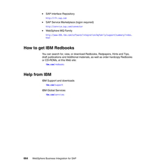 664 WebSphere Business Integration for SAP
SAP Interface Repository
http://ifr.sap.com
SAP Service Marketplace (logon required)
http://service.sap.com/connector
WebSphere MQ Family
http://www-306.ibm.com/software/integration/mqfamily/support/summary/index.
html
How to get IBM Redbooks
You can search for, view, or download Redbooks, Redpapers, Hints and Tips,
draft publications and Additional materials, as well as order hardcopy Redbooks
or CD-ROMs, at this Web site:
ibm.com/redbooks
Help from IBM
IBM Support and downloads
ibm.com/support
IBM Global Services
ibm.com/services
 