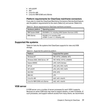 HP-UX/IPF
                AIX
                Linux for x86
                Linux for IBM S/390 and zSeries

             Platform requirements for ClearCase mainframe connectors
             If you plan to install the ClearCase Mainframe Connectors Remote Build feature,
             see the platform requirements for the client (Table 6-2) and server (Table 6-3).

             Table 6-3 Server requirements for ClearCase mainframe connectors
              Hardware platform     Operating system

              IBM System/390®       OS/390® 2.10, including UNIX System Services (USS)

              IBM zSeries           OS/390 2.10, including USS
                                    z/OS® 1.3 and 1.4, including USS


Supported file systems
             Table 6-4 lists the file systems that ClearCase supports for view and VOB
             storage.

             Table 6-4 Supported file systems by platform
              Platform                              Supported file system

              Windows NT                            FAT, NTFS, LANMAN, NFS

              Windows 2000, 2000 Server, XP         FAT, FAT32, NTFS, LANMAN

              Solaris SPARC                         UFS, VxFS (Veritas)

              HP-UX                                 JFS, UFS, HFS, VxFS

              HP-UX/IPF                             JFS, UFS, HFS, VxFS

              SGI IRIX                              EPS, XPS

              IBM AIX                               JFS

              Linux for x86                         ext2, ext3, reiserfs

              Linux for IBM S/390 and zSeries       ext2, ext3, reiserfs


VOB server
             A VOB server runs a number of server processes for each VOB it supports.
             Because an active VOB host may have to support dozens, or even hundreds, of
             such processes, and support network access from many clients, we recommend



                                                            Chapter 6. Planning for ClearCase   77
 