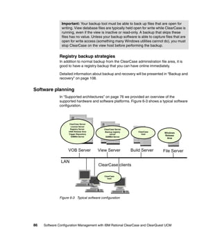 Important: Your backup tool must be able to back up files that are open for
                writing. View database files are typically held open for write while ClearCase is
                running, even if the view is inactive or read-only. A backup that skips these
                files has no value. Unless your backup software is able to capture files that are
                open for write access (something many Windows utilities cannot do), you must
                stop ClearCase on the view host before performing the backup.


              Registry backup strategies
              In addition to normal backup from the ClearCase administration file area, it is
              good to have a registry backup that you can have online immediately.

              Detailed information about backup and recovery will be presented in “Backup and
              recovery” on page 108.


Software planning
              In “Supported architectures” on page 76 we provided an overview of the
              supported hardware and software platforms. Figure 6-3 shows a typical software
              configuration.




                     ClearCase Server
                      License Server
                     Registry Server        ClearCase Server
                    UNIX Release Area        Backup registry       ClearCase
                                                                                   Windows
                    Trigger Repository           server               host
                      SAMBA Server
                                                                                   Release
                                             SAMBA Server
                                                                                     Area




                    VOB Server           View Server           Build Server       File Server

               LAN
                                         ClearCase clients

                                            ClearCase
                                               host




              Figure 6-3 Typical software configuration




86   Software Configuration Management with IBM Rational ClearCase and ClearQuest UCM
 