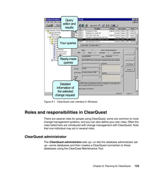 Query
                           editor and
                            results



                        Your queries



                         Ready-made
                           queries




                        Detailed
                     information of
                      the selected
                    change request
           Figure 8-1 ClearQuest user interface in Windows



Roles and responsibilities in ClearQuest
           There are several roles for people using ClearQuest, some are common to most
           change management systems, and you can also define your own roles. Often the
           roles listed here are introduced with change management with ClearQuest. Note
           that one individual may act in several roles.


ClearQuest administrator
           The ClearQuest administrator sets up—or lets the database administrator set
           up—some databases and then creates a ClearQuest connection to these
           databases using the ClearCase Maintenance Tool.




                                                      Chapter 8. Planning for ClearQuest   125
 