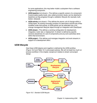 for some applications, this may better model a subsystem than a software
                engineering component.
                UCM baseline (not shown)—This defines a specific version of a component.
                Customizable quality levels, also called promotion levels, can be attached to
                baselines as they progress through a validation lifecycle (for example, built,
                tested, released).
                UCM activity (not shown)—This defines the atomic unit of change within a
                UCM project. An activity minimally consists of a description and the set of files
                modified under that activity. A UCM activity can be extended into a full
                change management lifecycle object through an integration with ClearQuest.
                UCM stream—This defines a working configuration for development,
                integration, build, test, or deployment. A stream is defined by specific
                versions (baselines) of a set of components and any work (activities) done
                within that environment.
                UCM project—This defines and manages integration and work streams in
                support of a development effort.


UCM lifecycle
           How these UCM objects work together is defined by the UCM workflow
           (Figure 10-2 and Table 10-1) and project policies. We will not dwell too much on
           process workflow in this chapter, except as it relates to stream and project
           design.


                           assign                work-on
                          activities                                unit
                                                                    test
             join
             project                                  development
                                                        lifecycle
                                       deliver                             rebase



                                                 baseline      smoke
                                                                test


                release                                deployment
                                                        lifecycle          recommend



                                        test
                                                            stage

           Figure 10-2 Standard UCM lifecycle


                                                             Chapter 10. Implementing UCM    159
 