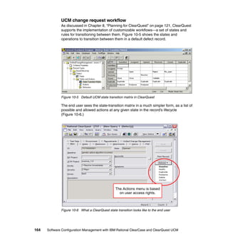 UCM change request workflow
              As discussed in Chapter 8, “Planning for ClearQuest” on page 121, ClearQuest
              supports the implementation of customizable workflows—a set of states and
              rules for transitioning between them. Figure 10-5 shows the states and
              operations to transition between them in a default defect record.




              Figure 10-5 Default UCM state transition matrix in ClearQuest

              The end user sees the state-transition matrix in a much simpler form, as a list of
              possible and allowed actions at any given state in the record’s lifecycle
              (Figure 10-6.)




                                                  The Actions menu is based
                                                    on user access rights.



              Figure 10-6 What a ClearQuest state transition looks like to the end user




164   Software Configuration Management with IBM Rational ClearCase and ClearQuest UCM
 