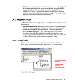 Writable components are not free—In earlier releases we noticed signs of
              performance degradation when using over ten writable components within a
              single project. (Read-only components were not an issue.) The current
              release (V2003.06.00) is proving pretty resilient to scaling (20-30 writable
              components seems fine), but take caution that managing a very large number
              of writable components uses additional resources.



UCM project design
           UCM projects provide work configurations for asset development. There are two
           basic designs:
              Release-based projects—Align with a product release cycle. Release-based
              projects are used when parallel development—the need to simultaneously
              support (bug-fix, develop) multiple versions of a code set—is required.
              Component-based projects—Align with configuration components or
              component sets. Component-based projects are commonly used when
              groups are organized around function. A component-based structure provides
              the best organization for supporting strong component reuse.


Project organization
           It is common to mix component and release-based projects in a development
           effort. Figure 10-8 shows an example of using both for the cosmos project.




                                                                       component-based
                                                                       projects

                                                                       release-based
                                                                       projects
                                                                       mainline project


           Figure 10-8 UCM projects




                                                      Chapter 10. Implementing UCM    171
 