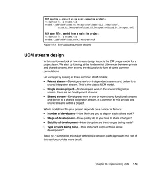 REM seeding a project using ever-cascading projects
         >cleartool ls -s readme.txt
         readme.txt@@maindazed_01_integrationdazed_01.1_Integration
                    dazed_02_Integrationdazed_03_Integrationdazed_04_Integration1

         REM same file, seeded from a mainline project
         >cleartool ls -s readme.txt
         readme.txt@@maindazed_main_Integration4

        Figure 10-9 Ever-cascading project streams



UCM stream design
        In this section we look at how stream design impacts the CM usage model for a
        project team. We start by looking at the fundamental differences between private
        and shared streams, then extend the discussion to look at some common
        permutations.

        Let us begin by looking at three common UCM models:
           Private stream—Developers work on independent streams and deliver to a
           shared integration stream. This is the classic UCM model.
           Single stream project—All developers work in the shared integration
           stream. there are no development streams.
           Shared stream—Developers work in one or more shared functional streams
           and deliver to a shared integration stream. It is common to mix private and
           shared streams within a project.

        Which model best fits your project depends on a number of factors:
           Number of developers—How likely are you to step on each others work?
           Stage of development—How quickly do to you have to share changes?
           Stability of development—How disruptive are the changes being made?
           Type of work being done—How important is it to enforce serial
           development?

        Table 10-7 summaries the major differences between each approach; the rest of
        this section provides more detail.




                                                     Chapter 10. Implementing UCM   173
 