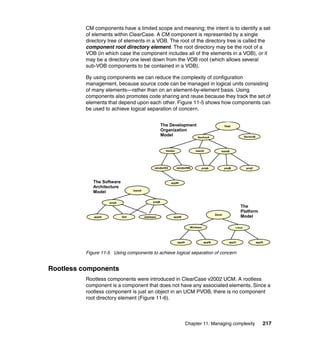 CM components have a limited scope and meaning; the intent is to identify a set
          of elements within ClearCase. A CM component is represented by a single
          directory tree of elements in a VOB. The root of the directory tree is called the
          component root directory element. The root directory may be the root of a
          VOB (in which case the component includes all of the elements in a VOB), or it
          may be a directory one level down from the VOB root (which allows several
          sub-VOB components to be contained in a VOB).

          By using components we can reduce the complexity of configuration
          management, because source code can be managed in logical units consisting
          of many elements—rather than on an element-by-element basis. Using
          components also promotes code sharing and reuse because they track the set of
          elements that depend upon each other. Figure 11-5 shows how components can
          be used to achieve logical separation of concern.


                                                         The Development                                Dept.
                                                         Organization
                                                         Model           SectionA                                       SectionB




                                                           Vendor                teamA              teamB




                                                 vendorXX           vendorNN        projA               projB            projC




             The Software                                     applB
             Architecture
                                   teamA
             Model

                     projA                       projB
                                                                                                                   The
                                                                                                                   Platform
                                                                                                Devel
             applA           GUI           database             applB                                              Model

                                                                              Windows                           Linux




                                                                    applA               applB              applC                   applD



          Figure 11-5 Using components to achieve logical separation of concern


Rootless components
          Rootless components were introduced in ClearCase v2002 UCM. A rootless
          component is a component that does not have any associated elements. Since a
          rootless component is just an object in an UCM PVOB, there is no component
          root directory element (Figure 11-6).



                                                                            Chapter 11. Managing complexity                            217
 