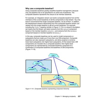 Why use a composite baseline?
Using composite baselines greatly simplifies baseline management, because
only one baseline has to be specified for an entire set of baselines. The
composite baseline represents the closure of all member baselines.

For example, an integration stream can build a composite baseline from all the
members of the current baselines of all the components in that stream. You only
have to recommend that single composite baseline, not all of them. In addition,
the development streams descending from this composite baseline stream can
rebase from this single baseline to get all current baselines. For example,
including the ProjA_1 baseline (shown in Figure 11-15) in a stream's foundation
set means that the stream will select versions from the subsysA component
based on the member baseline subsysA_1, and versions from the database
component based on member baseline database_2.

In this way, composite baselines can be used to model components or
subsystems that are made up of more than one CM component. Composite
baselines can also represent subsystems, and allow projects to combine
lower-level subsystems into higher-level subsystems. At the lowest level, CM
components are included into a composite baseline, then higher-level
components are represented by composite baselines composed of a
combination of composite baselines and baselines of CM components
(Figure 11-16).


                                            CLib_1




                 ProjA_1



                                                                      subsysC_2
    susbsysA_1
                           database_2




                                                     ProjB_2




                               susbsysB_2
                                                        GUI_3
                                                                       database_2


Figure 11-16 Composite baselines representing component hierarchy




                                                 Chapter 11. Managing complexity    227
 