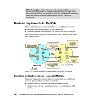 Watch for long lead times. Procuring hardware and establishing secure
               network connectivity between sites can take longer than you might guess,
               particular when working with another country. Also, be careful to understand
               import and licensing rules that may impact the setup of the remote
               configuration.



Hardware requirements for MultiSite
              There are two hardware considerations for a new MultiSite environment:
                 Upgrading the local environment to support MultiSite
                 Establishing a new, MultiSite-ready, CM environment at the remote site

              Figure 12-5 shows a single site extended to two sites, connected over a wide
              area network (WAN).


                                                                                                             ...but do not try
                                                             You do not always                                  to put other
                                                              need a separate                                applications on
                 additional disk space
                 needed for replication                      ClearCase shipping                             the VOB server
                                                                   server




                                               shipping                               shipping   VOB/View
                                  VOB server    server            WAN                  server     server
                                                                 or VPN
                        unchanged

                                                                                                                CQ databases
                                                                                                                can share an
                                               shipping                               shipping   database        existing DB
                                    database    server                                 server     server
                                     server                                                                        server
                                                          For small sites, shipping
                                                          server can share space
                               existing site               with license and Web             new remote site
                                                                    server
                                new

              Figure 12-5 Extending the ClearCase/ClearQuest environment for MultiSite


Upgrading the local environment to support MultiSite
              Support of the packet creation and synchronization adds some additional
              resource requirements to your local environment:
                 Shipping server for managing the store-and-forward process
                 Shipping bays, with extra space for packets, on your participating VOB
                 servers



242   Software Configuration Management with IBM Rational ClearCase and ClearQuest UCM
 