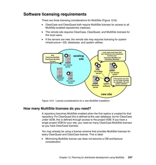 Software licensing requirements
          There are three licensing considerations for MultiSite (Figure 12-6):
             ClearCase and ClearQuest both require MultiSite licenses for access to all
             MultiSite-enabled repositories (replicas).
             The remote site requires ClearCase, ClearQuest, and MultiSite licenses for
             the local users.
             If the servers are new, the remote site may requires licensing for system
             infrastructure—OS, databases, and system utilities.


                                                                           Local users must have their
                                                                          own ClearCase and ClearQuest
                      Add
             ClearCase MultiSite
                                                 existing                         licenses plus
                                                                             ClearCase MultiSite and
             ClearQuest MultiSite                    site                     ClearQuest MultiSite
                   licenses

                                    CC license
                                     server

                                                                  CQ license
                                                                   server                 CC license
                                                                                           server

                            database                                                         If the servers are new,
                                                                     ?
                             server                                                ?         do not forget licenses
                                       CQ license
                                                                                              for database, OS, and
                                        server
                                                                                system           system software
                                                               database        software
                                                                server



                                                                          new site

          Figure 12-6 License considerations for a new MultiSite installation


How many MultiSite licenses do you need?
          A repository becomes MultiSite enabled when the first replica is created for that
          repository. For ClearQuest this is defined at the user database, but for ClearCase
          under UCM, this is defined through access to the project VOB. If you have a
          single project VOB for your site, you need as many ClearCase MultiSite licenses
          as you have ClearCase licenses.

          You may already be using a license scheme that provides MultiSite licenses for
          every ClearQuest and ClearCase license. This is ideal:
             Minimizing MultiSite license use does not become a CM architecture
             consideration




                                Chapter 12. Planning for distributed development using MultiSite                  247
 