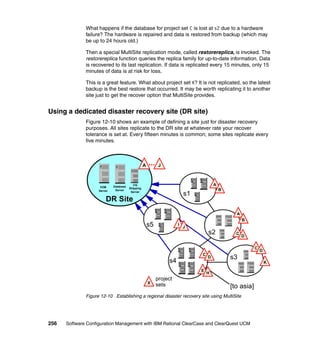What happens if the database for project set C is lost at s2 due to a hardware
              failure? The hardware is repaired and data is restored from backup (which may
              be up to 24 hours old.)

              Then a special MultiSite replication mode, called restorereplica, is invoked. The
              restorereplica function queries the replica family for up-to-date information. Data
              is recovered to its last replication. If data is replicated every 15 minutes, only 15
              minutes of data is at risk for loss.

              This is a great feature. What about project set K? It is not replicated, so the latest
              backup is the best restore that occurred. It may be worth replicating it to another
              site just to get the recover option that MultiSite provides.


Using a dedicated disaster recovery site (DR site)
              Figure 12-10 shows an example of defining a site just for disaster recovery
              purposes. All sites replicate to the DR site at whatever rate your recover
              tolerance is set at. Every fifteen minutes is common; some sites replicate every
              five minutes.



                                                   A   ...    J



                             Database
                                          CQ                                            A
                     VOB                Shipping
                    Server    Server                                                        B
                                         Server
                                                                           s1
                        DR Site
                                                                                                  A
                                                                                                      B
                                                       s5              I
                                                                           J
                                                                                    s2            C
                                                                                                      D

                                                                                                            C
                                                                                                                D
                                                                                C
                                                                                    D           s3
                                                                  s4                                                K
                                                                                E
                                                                                    H
                                                             project
                                                       X     sets                               [to asia]
              Figure 12-10 Establishing a regional disaster recovery site using MultiSite




256   Software Configuration Management with IBM Rational ClearCase and ClearQuest UCM
 