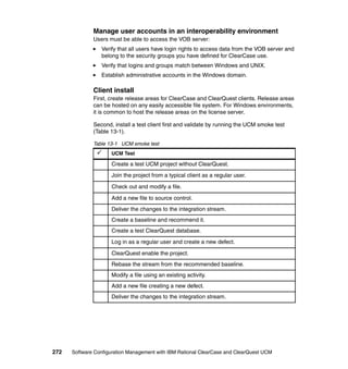 Manage user accounts in an interoperability environment
              Users must be able to access the VOB server:
                 Verify that all users have login rights to access data from the VOB server and
                 belong to the security groups you have defined for ClearCase use.
                 Verify that logins and groups match between Windows and UNIX.
                 Establish administrative accounts in the Windows domain.

              Client install
              First, create release areas for ClearCase and ClearQuest clients. Release areas
              can be hosted on any easily accessible file system. For Windows environments,
              it is common to host the release areas on the license server.

              Second, install a test client first and validate by running the UCM smoke test
              (Table 13-1).

              Table 13-1 UCM smoke test
               P     UCM Test

                     Create a test UCM project without ClearQuest.
                     Join the project from a typical client as a regular user.

                     Check out and modify a file.

                     Add a new file to source control.
                     Deliver the changes to the integration stream.
                     Create a baseline and recommend it.
                     Create a test ClearQuest database.
                     Log in as a regular user and create a new defect.

                     ClearQuest enable the project.
                     Rebase the stream from the recommended baseline.
                     Modify a file using an existing activity.
                     Add a new file creating a new defect.
                     Deliver the changes to the integration stream.




272   Software Configuration Management with IBM Rational ClearCase and ClearQuest UCM
 
