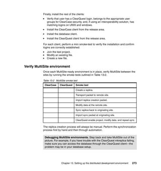 Finally, install the rest of the clients:
              Verify that user has a ClearQuest login, belongs to the appropriate user
              groups for ClearCase security, and, if using an interoperability solution, has
              matching logins on UNIX and windows.
              Install the ClearCase client from the release area.
              Install the database client.
              Install the ClearQuest client from the release area.

           For each client, perform a mini smoke-test to verify the installation and confirm
           logins are correctly established:
              Join the test project.
              Modify an existing file.
              Create a new file.


Verify MultiSite environment
           Once each MultiSite-ready environment is in place, verify MultiSite between the
           sites by running the smoke tests outlined in Table 13-2.

           Table 13-2 MultiSite smoke test
            ClearCase      ClearQuest      Smoke test

                                           Create a replica.

                                           Transport packet to remote site.

                                           Import replica creation packet.

                                           Modify data at the remote site.

                                           Sync replica back to originating site.

                                           Import sync packet at originating site.

                                           ClearQuest enable project, modify data, and repeat sync.

           The replica creation process will always be manual. Perform the synchronization
           process first by hand and then through automation.

            Debugging MultiSite environments. Step back and take MultiSite out of the
            picture. For example, if you have trouble with the ClearQuest mkreplica failing,
            make sure you can access the database through the ClearQuest client—the
            problem may be in your database setup.




                             Chapter 13. Setting up the distributed development environment     273
 