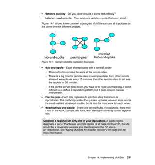 Network stability—Do you have to build in some redundancy?
   Latency requirements—How quick are updates needed between sites?

Figure 14-1 shows three common topologies. MultiSite can use all topologies at
the same time for different projects.




                                                        modified
 hub-and-spoke             peer-to-peer               hub-and-spoke
Figure 14-1 Sample MultiSite replication topologies

   Hub-and-spoke—Each site replicates with a central server:
   – This method minimizes the work at the remote sites.
   – There is a lag time for remote sites in seeing updates from other remote
     sites—if we replicate every 15 minutes, the other remote sites do not see
     the update for 30 minutes.
   – If the central server goes down, you have to re-route your topology. It is not
     difficult to re-define a replication pattern, but it does require manual
     intervention.
   Peer-to-peer—Each site replicates to all other sites that share its
   repositories. This method provides the quickest updates between sites, and is
   the most resilient to network trouble, but is also the most work for each server.
   Modified hub-and-spoke—There are several hubs. For example, there may
   a hub in the USA, Europe, and Asia, with sites synchronizing to their regional
   hub.

 Consider a regional DR-only site in your replication. At each region,
 designate a server that keeps a current replica of all data. For true DR, the site
 should be a physically separate site. Replication to the DR site is
 uni-directional. See “Using MultiSite for disaster recovery” on page 255 for
 more information.




                                            Chapter 14. Implementing MultiSite   281
 