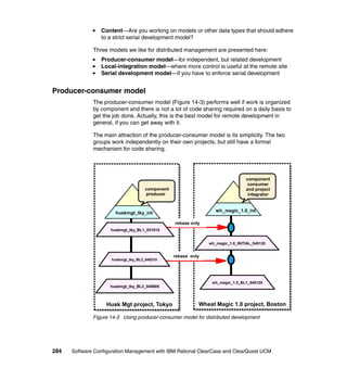 Content—Are you working on models or other data types that should adhere
                 to a strict serial development model?

              Three models we like for distributed management are presented here:
                 Producer-consumer model—for independent, but related development
                 Local-integration model—where more control is useful at the remote site
                 Serial development model—if you have to enforce serial development


Producer-consumer model
              The producer-consumer model (Figure 14-3) performs well if work is organized
              by component and there is not a lot of code sharing required on a daily basis to
              get the job done. Actually, this is the best model for remote development in
              general, if you can get away with it.

              The main attraction of the producer-consumer model is its simplicity. The two
              groups work independently on their own projects, but still have a formal
              mechanism for code sharing.




                                                                                 component
                                                                                  consumer
                                      component                                  and project
                                      producer                                    integrator



                       huskmgt_tky_int                             wh_magic_1.0_int

                                                  rebase only
                     huskmgt_tky_BL1_031015


                                                                wh_magic_1.0_INITIAL_040120


                                                  rebase only
                      huskmgt_tky_BL2_040210




                                                                 wh_magic_1.0_BL1_040120
                     huskmgt_tky_BL3_040605



                   Husk Mgt project, Tokyo                  Wheat Magic 1.0 project, Boston

              Figure 14-3 Using producer-consumer model for distributed development




284   Software Configuration Management with IBM Rational ClearCase and ClearQuest UCM
 