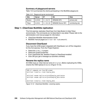 Summary of playground servers
              Table 14-5 summarizes the clients participating in the MultiSite playground.

              Table 14-5 Playground server environment
               Site        Server      IP           OS                       Role

               Boston      KLCHV5H     9.1.38.79    WIN2000 SP4              primary site

               Tokyo       KLCHV4L     9.1.38.104   WIN2000 Server SP4       contributing site


Step 1—ClearCase MultiSite replication
              This first exercise replicates ClearCase from fake-Boston to fake-Tokyo
              environments. The commands are not described in any detail. Please refer to the
              administration and manual pages for information:
                 ClearCase MultiSite Administration Guide
                 MultiSite manual pages (multitool man <subcommand>)

              Disconnect ClearQuest
              If you have the UCM project integrated with ClearQuest, turn off the integration
              for this first exercise. From the Project Explorer:
                 Select the gizmo_1.0 project.
                 Select the project properties.
                 From ClearQuest tab, deselect Project is ClearQuest-enabled.
                 Click OK (you get a message out activities unlinked).

              Rename the replica name
              All VOBs have an initial internal name of original. Before replicating the VOBs,
              rename the VOB replicas to boston (Figure 14-12).


               REM all commands are from DOS prompt
               multitool lsreplica -invob msplay_data

               multitool rename replica:original@msplay_pvob boston
               multitool rename replica:original@msplay_data boston

               multitool lsreplica -invob msplay_data

              Figure 14-12 ClearCase MultiSite—renaming replica




296   Software Configuration Management with IBM Rational ClearCase and ClearQuest UCM
 