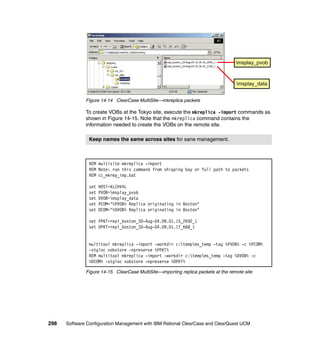 msplay_pvob



                                                                                   msplay_data


              Figure 14-14 ClearCase MultiSite—mkreplica packets

              To create VOBs at the Tokyo site, execute the mkreplica -import commands as
              shown in Figure 14-15. Note that the mkreplica command contains the
              information needed to create the VOBs on the remote site.

               Keep names the same across sites for sane management.



               REM multisite mkreplica -import
               REM Note: run this command from shipping bay or full path to packets
               REM cc_mkrep_imp.bat

               set   HOST=KLCHV4L
               set   PVOB=msplay_pvob
               set   DVOB=msplay_data
               set   PCOM="%PVOB% Replica originating in Boston"
               set   DCOM="%DVOB% Replica originating in Boston"

               set PPKT=repl_boston_30-Aug-04.09.01.15_2692_1
               set DPKT=repl_boston_30-Aug-04.09.01.17_668_1


               multitool mkreplica -import -workdir c:tempms_temp -tag %PVOB% -c %PCOM%
               -stgloc vobstore -npreserve %PPKT%
               REM multitool mkreplica -import -workdir c:tempms_temp -tag %DVOB% -c
               %DCOM% -stgloc vobstore -npreserve %DPKT%

              Figure 14-15 ClearCase MultiSite—importing replica packets at the remote site




298   Software Configuration Management with IBM Rational ClearCase and ClearQuest UCM
 
