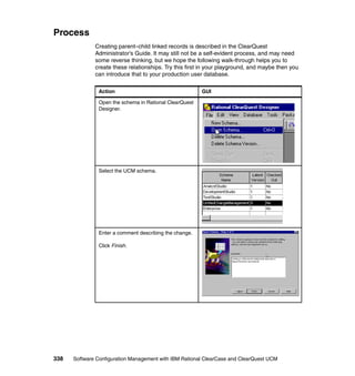 Process
              Creating parent–child linked records is described in the ClearQuest
              Administrator’s Guide. It may still not be a self-evident process, and may need
              some reverse thinking, but we hope the following walk-through helps you to
              create these relationships. Try this first in your playground, and maybe then you
              can introduce that to your production user database.

               Action                                   GUI

               Open the schema in Rational ClearQuest
               Designer.




               Select the UCM schema.




               Enter a comment describing the change.

               Click Finish.




338   Software Configuration Management with IBM Rational ClearCase and ClearQuest UCM
 