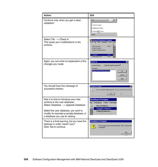 Action                                       GUI

               Continue only, when you get a clean
               validation!




               Select File → Check In.
               This saves your modifications to the
               schema.




               Again, you can enter an explanation of the
               changes you made.




               You should have this message of
               successful checkin.



               Now it is time to introduce your new
               schema to the user database.
               Select Database → Upgrade Database.

               Select the user database, you want to
               modify, for example a sample database, or
               a database you use for testing.

               There is a final warning, but you have the
               backups in order, haven’t you?
               Click Yes to continue.




344   Software Configuration Management with IBM Rational ClearCase and ClearQuest UCM
 