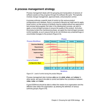 A process management strategy
        Process management deals with the grouping and manipulation of versions of
        software assets as they progress through the software life cycle. This typically
        involves change management, approval levels, and production control.

        A process enforces a specific level of control on the various product
        configurations and releases. Early in a product’s lifecycle we might want to apply
        loose control, so that versions of artifacts may be created without any approval or
        test process being applied. But later in the development process, we want to
        apply a more stringent process to ensure the quality of the product. And when
        the product enters the maintenance phase, we apply the most stringent process
        control available, so as to assure that we do not introduce any unwanted bugs or
        uncontrolled changes to the product (Figure 2-5).


                                                                             Phases
        Process Workflows            Inception      Elaboration        Construction            Transition       Maintenance


               Business Modeling

                    Requirements

                Analysis & Design

                   Implementation
                             Test
                      Deployment

        Level of Control
            Configuration Mgmt


                                     Preliminary    Iter.   Iter.   Iter.     Iter.    Iter.   Iter.    Iter.   Iter.   Iter.
                                     Iteration(s)    #1      #2      #n      #n+1     #n+2     #m      #m+1      #l     #l+1


                                                                            Iterations
        Figure 2-5 Level of control during the product lifecycle

        Process management also involves who can do what, when, and where. In
        other words, we have to be able to control and define the correlations between
        roles, rules, and tasks.

        A good SCM-tool should be able to reflect the needs of an organization and the
        different roles within the organization, by allowing the definition of various
        authority groups (Figure 2-6).




                                                    Chapter 2. Choosing the right SCM strategy                              21
 