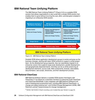 IBM Rational Team Unifying Platform
              The IBM Rational Team Unifying Platform™ (Figure 3-3) is a scalable SCM
              solution that allows organizations to start small with a simple SCM solution that
              enables them to grow without incurring the cost, effort, and disruption entailed in
              migrating to an enterprise SCM solution.


                                                                                          IBM Rational ClearCase
                   IBM Rational ClearCase LT          IBM Rational ClearCase
                                                                                        Change Management Solution
                    IBM Rational ClearQuest         Change Management Solution
                                                                                             Enterprise Edition


                  Version Control                    Software Asset Management           Software Asset Management
                                                      Version control                     Version control
                  Defect and Change Tracking          Advanced Build Management           Advanced Build Management
                                                      Dynamic Views                       Dynamic Views

                                                     Defect and Change Tracking          Defect and Change Tracking

                                                                                         Multiple Site Support


                        Single Server                    Distributed Servers                 Replicated Servers


                   Individual Workgroups               Medium-Large Teams                       Global Teams



                                    IBM Rational Team Unifying Platform
              Figure 3-3 IBM Rational Team Unifying Platform

              Scalable SCM allows application development groups to evolve and grow as the
              business changes, starting with basic SCM functions to support a small project
              team. As the development group expands, they can seamlessly migrate to an
              enterprise version that supports large-scale development, parallel development,
              and geographically dispersed teams. And they can do so while preserving all
              development elements: source code, Web components, binaries, executables,
              documentation, test scripts, directories, and their development process.

IBM Rational ClearCase
              IBM Rational Software delivers a scalable SCM solution that begins with
              ClearCase LT, but allows for a seamless transition to enterprise-scale ClearCase
              and ClearCase MultiSite®. It also integrates with IBM Rational Software's full
              suite of development productivity tools, including IBM Rational ClearQuest—a
              change and defect tracking tool—and Unified Change Management (UCM), IBM
              Rational's activity2-based process for change management.
              2   Activity: new function or bug fix recording a set of related files (see “Activity” on page 45)



28   Software Configuration Management with IBM Rational ClearCase and ClearQuest UCM
 
