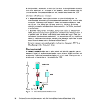 A view provides a workspace in which you can work on assignments in isolation
              from other developers. For example, as you work on a version of a Web page, no
              one can see the changes you make until you check in your work to the VOB.

              ClearCase offers two view concepts:
                  A snapshot view is a workspace created on your local computer. The
                  snapshot view is created by copying versions of elements from VOBs to your
                  computer. When working in snapshot views, you have to update your view
                  periodically to be able to see the latest versions of elements. An update
                  operation copies the latest versions of elements from the VOB to your local
                  snapshot view.
                  A dynamic view provides immediate, transparent access to data stored in
                  VOBs, based on configuration specification selection rules. When you work in
                  a dynamic view, you do not have to copy data from VOBs to your view; you
                  can see the latest versions of elements. This also means that you have to be
                  aware of the impact that changes made to other elements might have on your
                  work. Dynamic views are not available in ClearCase LT.
                  Dynamic views are accessed using the multiversion file system (MVFS), a
                  ClearCase provided file system driver.

              Checkout model
              A checkout model enables you to get a private and editable copy of a specific
              element (Figure 4-5), and manage changes to your projects. When you check out
              an element, ClearCase creates an editable copy in your view. When you check in
              an element, a new version of it is added to the VOB.


                               srcA.c
                                        checkout
               T1
                         1.3



               T2                                  edit




               T3                       checkin
                         1.4

               Time Version
              Figure 4-5 Serial development checkout model



38   Software Configuration Management with IBM Rational ClearCase and ClearQuest UCM
 