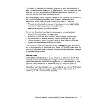 The concept of branches and branching is central in ClearCase. Branching is
done in order to provide work areas for development. It is not uncommon to have
dozens of branches active at a time. The ClearCase naming convention for
branches is to use lower case alphabetic names.

Because branching is done on a very low level, it also becomes very important to
find a branching strategy that works from all level of perspectives and
abstractions. There are some general rules that applies for ClearCase:
   The main branch should not be used for development work, but should be
   reserved for major milestones or released versions.
   All major development is done on branches.

You can use ClearCase branches non-exclusively for various purposes:
   Physical—for components and subsystems
   Functional—for patches, fixes, releases, enhancements, and features
   Environmental—for different operating systems, platforms, and tools
   Organizational—for teams, programs, projects, work activities, and roles
   Procedural—for processes, policies, and states

Each branch in ClearCase is an instance of a branch type object. This allows
you to attach attributes to the branch types, which can then be used to mark the
purpose of the specific branch, and thus enables you to ensure that the right type
of branches are being used.

Version label
A version label can be attached to any version of an element to identify that
version in an easy to remember way. A single version of an element can have
several different labels. Labels are usually applied to a set of elements to mark
important project milestones or the starting point of a branch (Figure 4-8).

A label type is an object that defines a version label for use within a VOB. Labels
can be easily queried, and are very useful in tracking which version of an
element goes with versions of other elements.




             Chapter 4. Mapping and terminology of the IBM Rational product set   41
 