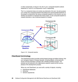 in other components. In Figure 4-16, the ProjBL1 composite baseline selects
              baselines BL1 and BL2 of components A and B, respectively.

              The Proj component does not contain any elements of its own. Its sole purpose
              is to contain the composite baseline that selects the recommended baselines of
              the project’s components. By using a composite baseline in this manner, you can
              identify one baseline to represent the entire project. A new composite baseline is
              created whenever a new contained baseline is created.


                                                          Component A


                                          Baseline BL1


               Component Proj




                     ProjBL1
                                                          Component B




                Composite
                                           Baseline BL2
                 Baseline

              Figure 4-16 Composite baseline


ClearQuest terminology
              The ClearQuest product provides activity-based change and defect tracking, that
              can manage all types of change requests, including defects, enhancements,
              issues and documentation changes with a flexible workflow process. The
              process can be tailored to the organizations specific needs and the various
              phases of the development process.

              When you use ClearQuest, you work with a variety of objects, including:
                  ClearQuest databases
                  Schemas
                  Schema repositories



48   Software Configuration Management with IBM Rational ClearCase and ClearQuest UCM
 