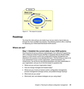 Success

             Base Line
                                Design



            Deploy            ITERATIVE         Develop



                                Test

          Figure 5-1 The recipe for success



Roadmap
          You know the rules and you are ready to go, but you need a map to take you
          through the maze of pitfalls and swamps. The following sections offer a roadmap
          for deploying your ClearCase/ClearQuest SCM solution.


Where are we?
          Step 1: Establish the current state of your SCM systems
          One thing that all serious software methodologies, from eXtreme Programming
          (XP) to Rational Unified Process (RUP®) to Capability Maturity Model (CMM),
          agree on is that version control and configuration/change management are
          essential to the success of any development team. The first thing you have to do
          is an assessment of your current organization, system/processes, and
          infrastructure. You do this by interviewing developers and other stakeholders in
          your organization, and you try to find the answer to questions like:
             Where are you and your organization today?
             How are change managed and tracked today?
             Where are you in terms of version control, configuration management,
             process management (change control), and problem/change tracking?
             What tools are you using?
             What build, test, and release strategies are you using today?




                               Chapter 5. Planning for software configuration management   61
 