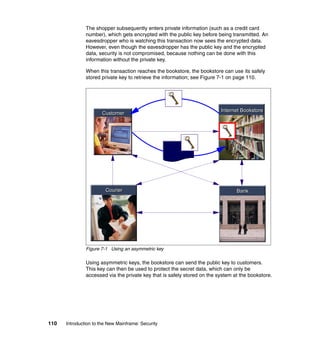 110 Introduction to the New Mainframe: Security
The shopper subsequently enters private information (such as a credit card
number), which gets encrypted with the public key before being transmitted. An
eavesdropper who is watching this transaction now sees the encrypted data.
However, even though the eavesdropper has the public key and the encrypted
data, security is not compromised, because nothing can be done with this
information without the private key.
When this transaction reaches the bookstore, the bookstore can use its safely
stored private key to retrieve the information; see Figure 7-1 on page 110.
Figure 7-1 Using an asymmetric key
Using asymmetric keys, the bookstore can send the public key to customers.
This key can then be used to protect the secret data, which can only be
accessed via the private key that is safely stored on the system at the bookstore.
BankBank
CustomerCustomer
CourierCourier
Internet BookstoreInternet Bookstore
 