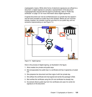 Chapter 7. Cryptography on System z 125
cryptographic means. While other forms of electronic signatures are affixed to a
document, a digital signature is actually a representation of the document
cryptographically assured with the signor's private key; refer to “Public key
certificate” on page 121 for more information about digital signatures.
A signed document can now be verified because our private key has signed it
and we have provided our public key to the reviewer. Before we can trust this
entirely, however, the reviewer must be sure that it is our public key, and not
someone impersonating us; see Figure 7-4.
Figure 7-4 Digital signing
Here is the process of digital signing, as illustrated in the figure:
1. Alice creates her private and public keys.
2. She encapsulates her public key in a certificate and has it signed by a trusted
CA.
3. She prepares her document and then signs it with her private key.
4. She affixes the certificate she had signed and sends the package to Bob.
5. Bob verifies the certificate using the CA root certificate he already has.
6. He extracts Alice's public key from her certificate and uses it to verify her
signature on the document.
SignatureCertificate SignatureCertificate SignatureCertificate
 