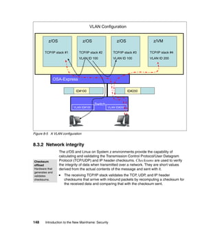 148 Introduction to the New Mainframe: Security
Figure 8-5 A VLAN configuration
8.3.2 Network integrity
The z/OS and Linux on System z environments provide the capability of
calculating and validating the Transmission Control Protocol/User Datagram
Protocol (TCP/UDP) and IP header checksums. Checksums are used to verify
the integrity of data when transmitted over a network. They are short values
derived from the actual contents of the message and sent with it.
The receiving TCP/IP stack validates the TCP, UDP, and IP header
checksums that arrive with inbound packets by recomputing a checksum for
the received data and comparing that with the checksum sent.
Switch
VLAN ID#200VLAN ID#100
z/OS
TCP/IP stack #1
z/OS
TCP/IP stack #1
z/OS
TCP/IP stack #2
VLAN ID 100
z/OS
TCP/IP stack #2
VLAN ID 100
z/OS
TCP/IP stack #3
VLAN ID 100
z/OS
TCP/IP stack #3
VLAN ID 100
OSA-Express
z/VM
TCP/IP stack #4
VLAN ID 200
z/VM
TCP/IP stack #4
VLAN ID 200
ID#100ID#100 ID#200ID#200
VLAN Configuration
Checksum
offload
Hardware that
generates and
validates
checksums.
 