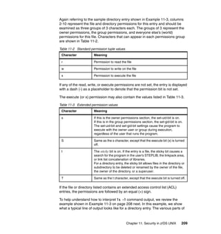Chapter 11. Security in z/OS UNIX 209
Again referring to the sample directory entry shown in Example 11-3, columns
2-10 represent the file and directory permissions for this entry and should be
examined as three groups of 3 characters each. The groups of 3 represent the
owner permissions, the group permissions, and everyone else’s (world)
permissions for this file. Characters that can appear in each permissions group
are shown in Table 11-2.
Table 11-2 Standard permission tuple values
If any of the read, write, or execute permissions are not set, the entry is displayed
with a dash (-) as a placeholder to denote that the permission bit is not set.
The execute (or x) permission may also contain the values listed in Table 11-3.
Table 11-3 Extended permission values
If the file or directory listed contains an extended access control list (ACL)
entries, the permissions are followed by an equal (+) sign.
To help understand how to interpret ls -l command output, we review the
example shown in Example 11-3 on page 208 next. In this example, we show
what a typical line of output looks like for a directory entry. The various parts of
Character Meaning
r Permission to read the file
w Permission to write on the file
x Permission to execute the file
Character Meaning
s If this is the owner permissions section, the set-uid-bit is on.
If this is in the group permissions section, the set-gid-bit is on.
The set-uid-bit and set-gid-bit settings cause the program to
execute with the owner user or group during execution,
regardless of the user that runs the program.
S Same as the s character, except that the execute bit (x) is turned
off.
t The sticky bit is on. If the entry is a file, the sticky bit causes a
search for the program in the user’s STEPLIB, the linkpack area,
or link list concatenation of libraries.
For a directory entry, the sticky bit allows files in the directory or
subdirectory to be deleted or renamed by the owner of the file,
the owner of the directory, or a superuser.
T Same as the t character, except that the execute bit is turned off.
 