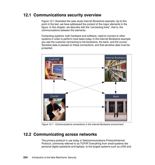 224 Introduction to the New Mainframe: Security
12.1 Communications security overview
Figure 12-1 illustrates the case study Internet Bookstore example. Up to this
point in the text, we have addressed the content of the major elements in the
figure. In this chapter, we describe with the “connecting lines”, that is, the
communications between the elements.
Computing systems, both hardware and software, need to connect to other
systems in order to perform most tasks today. In the Internet Bookstore example,
you see the customer connecting to the bookstore, the bank, and the courier.
Sensitive data is passed on these connections, and that sensitive data must be
protected.
Figure 12-1 Communications connections in the Internet Bookstore environment
12.2 Communicating across networks
The primary protocol in use today is Telecommunications Protocol/Internet
Protocol, commonly referred to as TCP/IP. Everything from small systems like
personal digital assistants and laptops, to the largest systems such as z/OS and
BankBank
CustomerCustomer
CourierCourier
Internet BookstoreInternet Bookstore
 