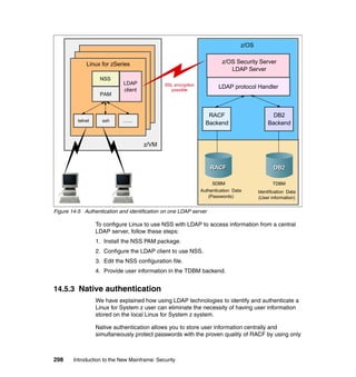 298 Introduction to the New Mainframe: Security
Figure 14-5 Authentication and identification on one LDAP server
To configure Linux to use NSS with LDAP to access information from a central
LDAP server, follow these steps:
1. Install the NSS PAM package.
2. Configure the LDAP client to use NSS.
3. Edit the NSS configuration file.
4. Provide user information in the TDBM backend.
14.5.3 Native authentication
We have explained how using LDAP technologies to identify and authenticate a
Linux for System z user can eliminate the necessity of having user information
stored on the local Linux for System z system.
Native authentication allows you to store user information centrally and
simultaneously protect passwords with the proven quality of RACF by using only
z/VM
Linux for zSeries
LDAP
client
telnet ssh .......
z/OS
z/OS Security Server
LDAP Server
RACF
Backend
DB2
Backend
PAM
NSS
LDAP protocol Handler
RACFRACF DB2DB2
SDBM TDBM
Authentication Data
(Passwords)
Identification Data
(User information)
SSL encryption
possible
 