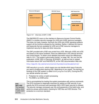 312 Introduction to the New Mainframe: Security
Figure 15-1 Overview of SAF in VSE
The RACROUTE macro is the interface to Resource Access Control Facility
(RACF) or another security manager for z/OS and z/VSE resource managers.
This does not imply, however, that both the z/OS and z/VSE operating systems
support all the functions allowed by the interface. Rather, it defines the macros
and keywords that are available for z/OS and z/VSE resource managers to
implement security for data and other resources.
The SAF provided with z/VSE was ported from z/OS. Although z/VSE and z/OS
are based on the same hardware, there are differences in the internal services
and control blocks. To obtain more detailed information about the differences,
refer to 10.3, “The system authorization facility” on page 180. You can find the
publication z/VSE V3R1.0 Planning, SC33-8221, as well as links to related
information about SAF and RACROUTE, at the VSE documentation Web site:
http://www-03.ibm.com/servers/eserver/Systemz/zvse/documentation/
VSE security is granular, which means you can decide which type of security
you want to enable when starting VSE, depending on you needs. The starting (or
booting) of the VSE system is called initial program load (IPL). During the IPL,
you decide whether you want:
Protection for online or batch processing
The BSM or an ESM active
This is accomplished by loading the system parameters with various commands.
The SYS command is especially important for setting up VSE security. If you
specify the SYS command with parameter SEC=YES, batch security is initiated.
The security manager processes user IDs and passwords of the batch jobs, and
performs access authorization checking for VSE files and VSE libraries. This
protection is a common standard.
Resource Managers
CICS
RACROUTE REQUEST=...
VSE SAF Router SAF Router Exit
Security Manager
ICHRTX00
BSM / ESM
SYS
SEC=YES
The standard
setting, which
enables batch
security.
 