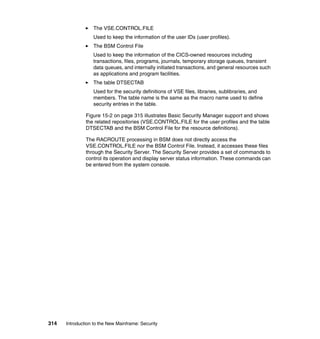 314 Introduction to the New Mainframe: Security
The VSE.CONTROL.FILE
Used to keep the information of the user IDs (user profiles).
The BSM Control File
Used to keep the information of the CICS-owned resources including
transactions, files, programs, journals, temporary storage queues, transient
data queues, and internally initiated transactions, and general resources such
as applications and program facilities.
The table DTSECTAB
Used for the security definitions of VSE files, libraries, sublibraries, and
members. The table name is the same as the macro name used to define
security entries in the table.
Figure 15-2 on page 315 illustrates Basic Security Manager support and shows
the related repositories (VSE.CONTROL.FILE for the user profiles and the table
DTSECTAB and the BSM Control File for the resource definitions).
The RACROUTE processing in BSM does not directly access the
VSE.CONTROL.FILE nor the BSM Control File. Instead, it accesses these files
through the Security Server. The Security Server provides a set of commands to
control its operation and display server status information. These commands can
be entered from the system console.
 