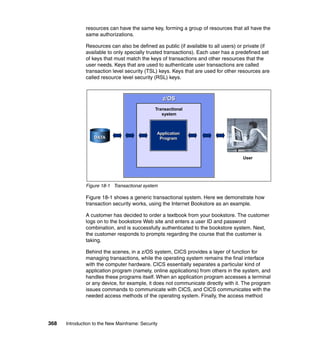 368 Introduction to the New Mainframe: Security
resources can have the same key, forming a group of resources that all have the
same authorizations.
Resources can also be defined as public (if available to all users) or private (if
available to only specially trusted transactions). Each user has a predefined set
of keys that must match the keys of transactions and other resources that the
user needs. Keys that are used to authenticate user transactions are called
transaction level security (TSL) keys. Keys that are used for other resources are
called resource level security (RSL) keys.
Figure 18-1 Transactional system
Figure 18-1 shows a generic transactional system. Here we demonstrate how
transaction security works, using the Internet Bookstore as an example.
A customer has decided to order a textbook from your bookstore. The customer
logs on to the bookstore Web site and enters a user ID and password
combination, and is successfully authenticated to the bookstore system. Next,
the customer responds to prompts regarding the course that the customer is
taking.
Behind the scenes, in a z/OS system, CICS provides a layer of function for
managing transactions, while the operating system remains the final interface
with the computer hardware. CICS essentially separates a particular kind of
application program (namely, online applications) from others in the system, and
handles these programs itself. When an application program accesses a terminal
or any device, for example, it does not communicate directly with it. The program
issues commands to communicate with CICS, and CICS communicates with the
needed access methods of the operating system. Finally, the access method
z/OSz/OS
Transactional
system
ApplicationApplication
ProgramProgramDATADATA
User
 