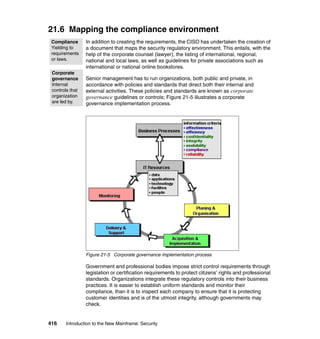 416 Introduction to the New Mainframe: Security
21.6 Mapping the compliance environment
In addition to creating the requirements, the CISO has undertaken the creation of
a document that maps the security regulatory environment. This entails, with the
help of the corporate counsel (lawyer), the listing of international, regional,
national and local laws, as well as guidelines for private associations such as
international or national online bookstores.
Senior management has to run organizations, both public and private, in
accordance with policies and standards that direct both their internal and
external activities. These policies and standards are known as corporate
governance guidelines or controls; Figure 21-5 illustrates a corporate
governance implementation process.
Figure 21-5 Corporate governance implementation process
Government and professional bodies impose strict control requirements through
legislation or certification requirements to protect citizens’ rights and professional
standards. Organizations integrate these regulatory controls into their business
practices. It is easier to establish uniform standards and monitor their
compliance, than it is to inspect each company to ensure that it is protecting
customer identities and is of the utmost integrity, although governments may
check.
Compliance
Yielding to
requirements
or laws.
Corporate
governance
Internal
controls that
organization
are led by.
 