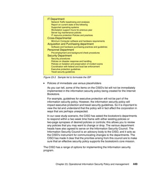 Chapter 23. Operational Information Security Policy and management 449
Figure 23-3 Sample list to formulate the ISP
Policies of immediate use versus placeholders
As you can tell, some of the items on the CISO’s list will not be immediately
implemented in the information security policy being created for the Internet
Bookstore.
For example, guidelines for executive protection will not be part of the
information security policy. However, the information security policy will
impact executive protection and travel security guidelines. So it is important to
view the list and understand that the policy will in fact affect the corporation in
ways that are perhaps unexpected.
In our case study scenario, the CISO has asked the bookstore’s departments
to respond within a two week time frame with either existing policies or
two-page synopses of desired policies or controls; this allows you to review
any policies that you may want to change or drop. The various department
heads have also agreed to serve on the Information Security Council. The
Information Security Council is an advisory body to the CISO, and it acts as
the CISO’s instrument for communicating changes to the departments. The
CISO has made it clear that the priorities arising from this council are to make
sure that an effective security policy supports the bookstore’s core mission.
The CISO has a range of options for implementing the Information security
program.
IT Department
Network Traffic baselineing and analyses
Report on current state of the following
Supported operating systems
Workstation support hours for previous year
Server log maintenance policies
IT resource protection Policies and practices
Cross-Departmental
Minimum Computer software and hardware requirements
Acquisition and Purchasing department
Software and hardware purchasing practices and guidelines
Personnel Department
Pre-employment and background check procedures
Security Department
Security procedures
Policies on disaster response and handling
Policies on Isolation and preservation of incident scene
Coordination with federal and local law enforcement
Executive protection guidelines
Travel security guidelines
 