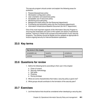 Chapter 23. Operational Information Security Policy and management 461
The security program should contain and explain the following areas for
protection
Password/passphrase policy
Workstation configuration policy
User orientation and awareness policy
Acceptable use of resources policy
Monitoring and audit policy
Background check policy (for the Personnel department)
Purchasing and acquisition policy (for the Purchasing department)
Information Infrastructure Baseline Document (for the IT department)
One of the most important aspects of the Information Security Program is
ensuring that employees and users of the system are aware of operational
policies. Training is critical to the success and enforcement of your security
programs. The policies should be flexible and be updated as appropriate to
ensure ongoing security for Internet Bookstore operations.
23.5 Key terms
23.6 Questions for review
1. Define the following terms according to their use in this chapter:
a. Chain of control
b. Security methodology
c. Soft skills
d. Phishing
e. Roving wiretaps
2. What are some characteristics that make a security policy a good one?
3. What groups should contribute to the formation of the security plan?
23.7 Exercises
1. List three factors that should be considered when developing a security plan.
Key terms in this chapter
acceptable use baseline compliance
controls legislation requirements
 