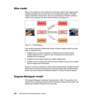 484 Introduction to the New Mainframe: Security
Biba model
Many of the models we will list follow the same flow model of the subject-object
modeling paradigm that we observed in the confidentiality models. The Biba
integrity model was introduced in 1977 as a complement of the Bell-LaPadula
model, and is based on the same lattice structure; see Figure A-1.
Figure A-1 The Biba Model
Like the Bell LaPadula confidentiality model, the Biba integrity model has three
rules, as explained here:
1. Subjects (such as users, programs, or systems) cannot execute lower
integrity objects (that is, programs, files, computers) at a lower level of
integrity than the subjects).
2. Subjects cannot change objects at a higher integrity level.
3. Subjects may not request services from other subjects if they are at a higher
level of integrity than themselves.
Figure A-1 shows an example of a Biba model implementation. Subjects with the
authorization for Secret may execute and change objects with the authorization
Secret, but cannot execute Confidential objects or change Top Secret objects.
Goguen-Meseguer model
The Goguen-Meseguer model was first published in 1982. The security of this
system relies on defining all states and the transitions between those states, and
preventing undefined transitions from occurring.
Top Secret Top Secret
Secret Secret
Confidential Confidential
May execute, change
and request services
Can not change, or
request services
Can not Execute
Subjects Objects
 