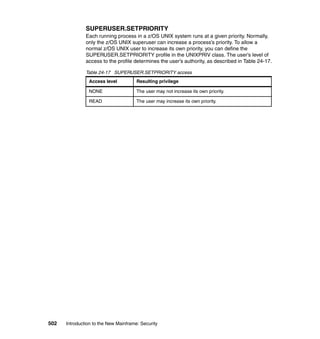 502 Introduction to the New Mainframe: Security
SUPERUSER.SETPRIORITY
Each running process in a z/OS UNIX system runs at a given priority. Normally,
only the z/OS UNIX superuser can increase a process’s priority. To allow a
normal z/OS UNIX user to increase its own priority, you can define the
SUPERUSER.SETPRIORITY profile in the UNIXPRIV class. The user’s level of
access to the profile determines the user’s authority, as described in Table 24-17.
Table 24-17 SUPERUSER.SETPRIORITY access
Access level Resulting privilege
NONE The user may not increase its own priority.
READ The user may increase its own priority.
 